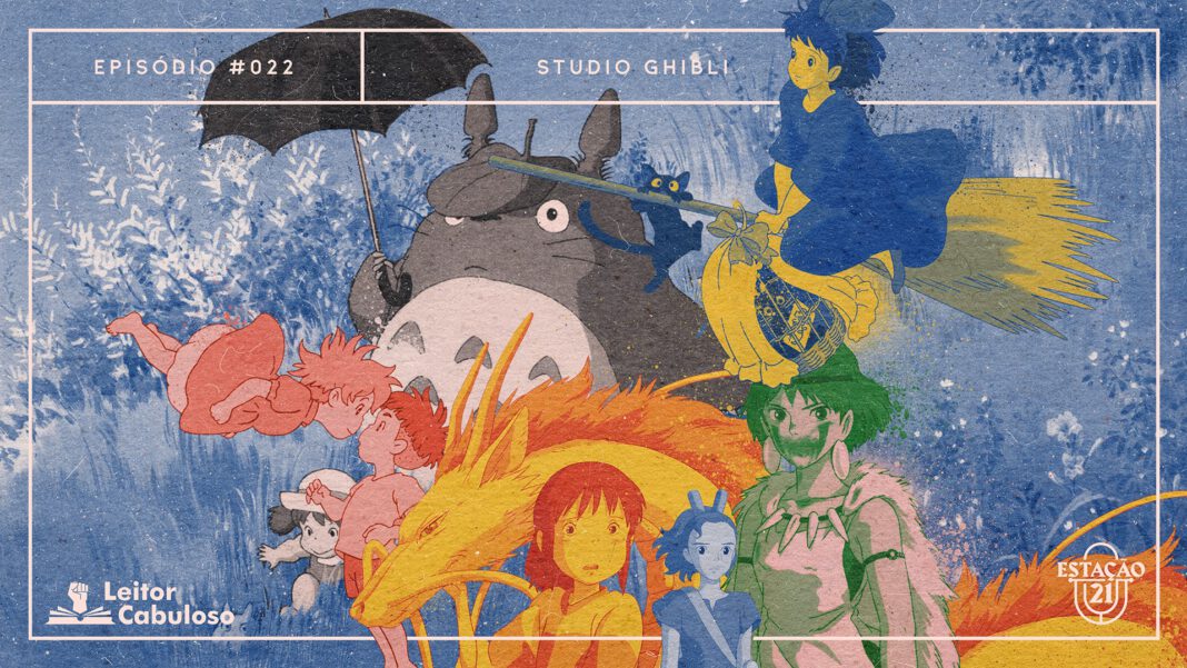 estacao-21_ep-22_studio-ghibli_CAPA-RETANGULAR Aquarela com imagem campestre ao fundo, em tons de bege e azul. Em destaque, personagens dos filmes do Studio Ghibli: “Meu Amigo Totoro”, em preto e rosa claro; “O Serviço de Entregas da Kiki”, em azul e amarelo; “A Viagem de Chihiro”, em laranja e amarelo; “Ponyo: Uma Amizade Que Veio do Mar”, em vermelho e rosa; “O Mundo dos Pequeninos”, em azul e bege; e “Princesa Mononoke”, em verde e rosa. A composição possui a textura de papel e detalhes em spray de tinta, com as mesmas cores da paleta. A imagem possui margem linear rosa claro. Na parte superior, na mesma cor, há o letreiro “Episódio #022 - Studio Ghibli”, e, na inferior, os logos do podcast “Estação 21” e do site “Leitor Cabuloso”.