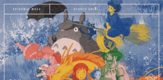 Aquarela com imagem campestre ao fundo, em tons de bege e azul. Em destaque, personagens dos filmes do Studio Ghibli: “Meu Amigo Totoro”, em preto e rosa claro; “O Serviço de Entregas da Kiki”, em azul e amarelo; “A Viagem de Chihiro”, em laranja e amarelo; “Ponyo: Uma Amizade Que Veio do Mar”, em vermelho e rosa; “O Mundo dos Pequeninos”, em azul e bege; e “Princesa Mononoke”, em verde e rosa. A composição possui a textura de papel e detalhes em spray de tinta, com as mesmas cores da paleta. A imagem possui margem linear rosa claro. Na parte superior, na mesma cor, há o letreiro “Episódio #022 - Studio Ghibli”, e, na inferior, os logos do podcast “Estação 21” e do site “Leitor Cabuloso”.