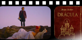 Montagem com uma pelicula de filme na horizontal, mostrando dois frames, o da esquerda mostra o poster de "As núpcias de Drácula", onde um homem com roupas formais, descalço sobre um solo rochoso, segura um buque de flores e olha para uma mulher deitada em um nivel inferior, ela usa um vestido branco e tem rosas cobrindo os olhos. No frame da direita está a capa do livro Drácula, uma capa vermelha com letras e contornos em dourado, os contornos formam o desenho de um castelo.
