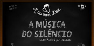 Vitrine do programa Mais Uma Dose. A imagem é um quadro negro com o título escrito em giz centralizado, “A música do silêncio com Rodrigo Basso“. Acima lê-se o título do programa junto a um desenho de uma caneca de chopp, ao lado a inscrição “Samuel é nosso rei” junto a um desenho de uma coroa, do outro lado o número 20 indicando a numeração do episódio. Abaixo as logos do Leitor Cabuloso e do Boteco dos Versados.