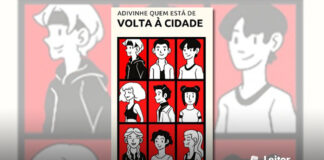 Capa do livro. Fundo branco com o título no topo. Um quadro dividido em 9 partes, tres linhas e tres colunas, com fundo vermelho. Os personagens do livro se encontram cada um em um dos quadros, em traço preto e branco, e todos sorrindo.