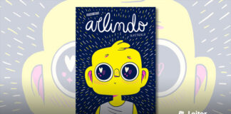 Capa da HQ. Ilustração com um fundo azul escuro, em primeiro plano, um garoto de cor amarela, cabeça quadrada, usa uma camiseta regata cinza, e demonstra um olhar apaixonado, estando levemente corado, pupilas dilatadas e corações no reflexo dos olhos. Inumeros traços amarelos e brancos ao redor do garoto. No topo o título em letra cursiva.