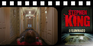 Montagem com uma pelicula de filme na horizontal, mostrando dois frames, o da esquerda mostra uma cena do filme "O Iluminado", onde tem um corredor com várias portas nas laterais, proximo à visão da camêra está um garoto de vermelho em um pequeno triciclo, virado para duas garotas gemêas de vestido azul na outra ponta do corredor. No frame da direita está o recorte da capa do livro "O Iluminado", a imagem de uma porta de quarto de hotel vista de baixo com o texto "redrum". No topo o nome do autor e logo abaixo o título do livro.