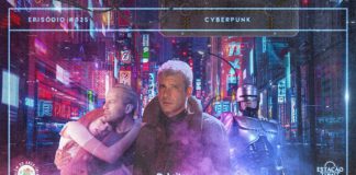 Ao fundo, metrópole moderna, com letreiros iluminados. Em destaque, os personagens Rick Deckard (Blade Runner), Leeloo sendo carregada por Korben Dallas (O Quinto Elemento) e Robocop (Robocop - O Policial do Futuro). Eles aparecem envoltos de neblina e iluminados pelas luzes da cidade, em tons de rosa e azul. A imagem possui margem linear azul clara, iluminada como um feixe de laser. Na parte superior, na mesma cor, há o letreiro “Episódio #025 - Cyberpunk”, e, na inferior, os logos do podcast “Estação 21”, do site “Leitor Cabuloso” e do projeto “Além do Arco-Íris”.