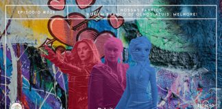 Fundo com muro grafitado. Entre os grafites, há um destaque para ilustração com corações com flechas. Na superfície, há lambe-lambes com as personagens Wanda, Daenerys e Elsa, respectivamente em tonalidades avermelhadas, rosadas e azuladas. A imagem possui margem linear branca. Na parte superior, na mesma cor, há o letreiro “Episódio #026 - Nossas Fanfics: Homem Branco de Olhos Azuis, MELHORE!”, e, na inferior, os logos do podcast “Estação 21”, do site “Leitor Cabuloso” e da campanha “Além do Arco-Íris”.