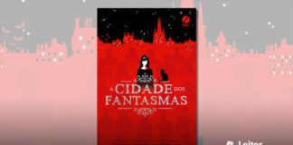 Capa do livro. A silhueta de uma cidade, no topo o céu noturno e estrelado, os prédios são todos vermelhos com janelas acessas e outras apagadas. A cor vermelha se estende até a base do livro. Silhuetas de pessoas, em vermelho um tom mais escuro compõem toda a capa. Em primeiro plano, uma moça de vestido e cabelos pretos, sem face, ao lado dela um gato preto. No meio o titulo do livro.