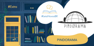 Imagem de fundo contendo uma ilustração da fachada da azul Livraria LeiaNovosBr. A fachada é composta por uma porta amarela com uma vidraça onde dois olhos de uma criatura mágica que está espiando, ao lado da vitrine da livraria que mostra vários livros coloridos desorganizados, também com alguns olhos claros espiando entre eles. No canto superior esquerdo há a indicação de que é um episódio Extra, no centro da imagem há a logo do podcast em um fundo branco. A logo é formado pelo texto #LeiaNovosBr em azul, abaixo de ícones que simbolizam um livro azul com páginas amarelas aberto, de onde saem dois balões de fala amarelos. Ao lado da logo, no canto esquerdo há a logo do podcast entrevistado Pindorama em preto e branco, seguido do seu nome exposto. No canto inferior direito está a logo branca do site Leitor Cabuloso, composta pelo pela imagem de um punho erguido saindo de um livro aberto, seguido do nome Leitor Cabuloso.