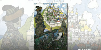 Ilustração mostrando duas mulheres, em um campo verde e florido olhando em direção ao fundo da imagem. Uma está de pé com chapéu e um casaco florido, outra está deitada, usando um longo vestido azul e pano escuro com detalhes dourados cobrindo a cabeça. Elas olham para uma cidadela murada em uma encosta verde bem distante. Toda a arte, arquitetura e roupas possui um aspecto russo do século XIX.