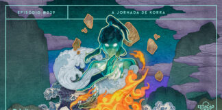 Ilustração que mistura os estilos mangá/anime com manuscritos japoneses antigos, em tons esverdeados. Em destaque, Korra em Estado Avatar, com olhos e silhueta do espírito Raava no peito brilhando. A personagem manipula os elementos Fogo, Água, Terra e Ar ao seu redor. A arte traz filtros de papel amassado e os grafismos são sobrepostos em camadas, dando a sensação de profundidade. A imagem possui margem linear verde pastel. Na parte superior, na mesma cor, há o letreiro “Episódio #029 - A Jornada de Korra”, e, na inferior, os logos do podcast “Estação 21” e do site “Leitor Cabuloso”.