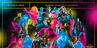 Imagem com inspiração na pop art e história em quadrinhos. Na composição, em tamanhos e posições variadas e nas cores ciano, magenta, amarelo, preto e branco, há os seguintes personagens: Capitã Marvel, Capitão América, Demolidor, Doutor Estranho, Drax, Falcão, Feiticeira Escarlate, Gamora, Groot, Homem Aranha, Homem de Ferro, Homem-Formiga, Hulk, Jessica Jones, Justiceiro, Loki, Luke Cage, Mantis, Máquina de Combate, Nebula, Nick Fury, Okoye, Pantera Negra, Peggy Carter, Phil Coulson, Punho de Ferro, Rocket, Senhor das Estrelas, Shang-Chi, Shuri, Soldado Invernal, Thor, Visão e Viúva Negra. A imagem possui margem linear em amarelo, ciano e magenta. Na parte superior, nas mesmas cores, há o letreiro “Episódio #030 - Marvel cinematic Universe”, e, na inferior, os logos do podcast “Estação 21” e do site “Leitor Cabuloso”.