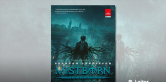 Capa do livro. Um cenário noturno em tons azuis. No fundo uma área urbana com diversos prédios envoltos por névoas. Um homem de roupas escuras, luvas, chapéu e uma arma em mão, usa um sobretudo do qual sai faixas semelhantes a tentáculos. Ele voa sobre uma rua da cidade, e seu chapéu esconde seu rosto. Em primeiro plano o nome do autor, o título em azul: "Mistborn", seguido de "Segunda Era" e "A Liga da Lei"