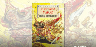 Capa do livro. Ilustração cartunesca com um fundo com um céu amarelo. Em primeiro plano, um mago de roupa vermelha e espalhafatosa. uma mulher loira segurando uma faca e um pequeno homem com aspecto de bárbaro segurando uma espada, todos voam em cima de um tapete voador em direção a um baú. No topo o nome da série "Discworld", o titulo do livro em vermelho e o nome do autor em um quadro bege.