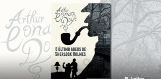 Capa do livro. Na base a silhueta escura de um homem sufocando outro de surpresa, frente a mesa com um abajur. Ocupando todo o lado direito a silhueta de perfil de Sherlock Holmes, do seu cachimbo sai em forma de fumaça o nome do autor. Sua silhueta e prenchida com parte de uma paisagem aberta, com uma ponte e árvores, em tons de cinza. Na esquerda e centro da cada, o título do livro.