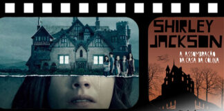 Montagem com uma pelicula de filme na horizontal, mostrando dois frames, o da esquerda mostra o pôster da série "A maldição na residência Hill", onde a imagem é dividida em duas partes, a superior mostra a frente de uma grande casa, na frente, cinco jovens. Na parte inferior a metade de um rosto feminino, sendo possivel ver apenas o nariz e a boca, e uma lágrima escorrendo. No frame da direita está o recorte da capa do livro "A Assombração da Casa da Colina", ilustração com um fundo avermelhado, e a silhuenta de uma grande casa com árvores secas ao redor. O nome da autora no topo e logo abaixo o título do livro.