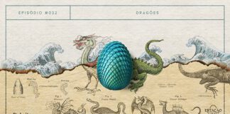 Fundo de papéis velhos, um amarelado e outro mais claro, dividido horizontalmente por uma queimadura. Ao centro, sobre o papel, há um ovo grande, com aspecto escamoso e coloração iridescente esverdeada. O ovo divide ilustrações de dragões - uma em estilo medieval e outra asiático - formando a silhueta de uma única criatura. Na composição ainda há ilustrações criptozoológicas de outros dragões, além de desenhos de ondas no estilo ukiyo-e (gênero de xilogravura japonês). A imagem possui margem linear e textos, nas cores preta e verde escura. Na parte superior, há o letreiro “Episódio #032 - Dragões”, e, na inferior, o logo do podcast “Estação 21” e do site “Leitor Cabuloso”.