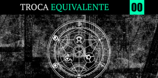 Imagem com fundo preto com detalhes semelhantes a uma textura de tecido jeans, com os detalhes em branco pálido. No centro, o círculo de transmutação humana está em branco. No topo, uma tarja preta atravessa a imagem da direita até a esquerda, escrito “Troca”, em branco com letra serifada e a palavra “Equivalente” em verde flúor, também serifada. Ao lado do texto, um quadrado verde flúor carrega o numeral 00 em letras brancas e garrafais. No canto inferior esquerdo, o logo do site Leitor Cabuloso está disposto em branco.