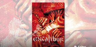 Capa do livro. Ilustração em tom vermelho mostrando parte de um guerreiro, sem aparecer o rosto. O guerreiro está tirando a espada da bainha e sua lâmina brilha. Na lateral esquerda tem uma pequena silhueta de um cavalo vestido para guerra, e na base o título do livro.