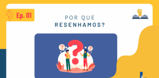 No lado superior esquerdo, tem o desenho de uma pessoa de perfil utilizando um fone e, ao lado, está escrito Ep. 01. No lado superior direito, tem a logo do Leitor Cabuloso, que é uma mão com o punho fechado saindo de um livro aberto. No centro da imagem, há o título do episódio (Por que resenhamos?) e, mais abaixo, tem um retângulo azul e, dentro, um desenho de duas pessoas com cara de dúvida e alguns pontos de interrogação em volta delas. No lado inferior direito tem a logo da Super Liga de Resenhistas que são as iniciais SLR, mas, o L está mais acima, pois, no lugar dele, tem a ponta de uma caneta tinteiro.