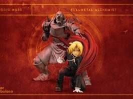 Fundo de papel vermelho, com manchas de aquarela em bordô e laranja e círculo de magia alaranjado. Em destaque, imagem 3D dos personagens Edward Elric (rapaz loiro com capa vermelha) e Alphonse Elric (grande criatura antropomórfica de metal), banhados por luz avermelhada. A imagem possui margem linear laranja brilhante. Na parte superior, na mesma cor, há o letreiro “Episódio #033 - Fullmetal Alchemist”, e, na inferior, os logos do podcast “Estação 21” e do site “Leitor Cabuloso”.