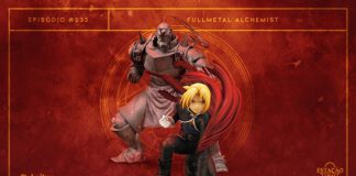 Fundo de papel vermelho, com manchas de aquarela em bordô e laranja e círculo de magia alaranjado. Em destaque, imagem 3D dos personagens Edward Elric (rapaz loiro com capa vermelha) e Alphonse Elric (grande criatura antropomórfica de metal), banhados por luz avermelhada. A imagem possui margem linear laranja brilhante. Na parte superior, na mesma cor, há o letreiro “Episódio #033 - Fullmetal Alchemist”, e, na inferior, os logos do podcast “Estação 21” e do site “Leitor Cabuloso”.