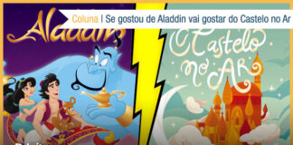 Montagem, à esquerda um pôster da animação Aladdin, mostrando o Gênio azul segurando a lampada, e os protagonistas voando no tapete mágico. À direita a capa do livro "O Castelo no Ar", com o título em branco, e uma ilustração de um castelo vermelho, laranja e dourado, entre nuvens, uma lua crescente e um céu azul e estrelado. No centro um raio amarelo dividindo a vitrine. Quase no topo à direita, uma faixa branca com o texto: Coluna - Se gostou do Aladdin vai gostar do Castelo no Ar.