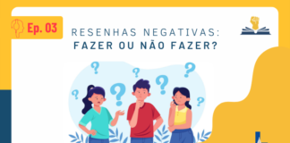 No lado superior esquerdo, tem o desenho de uma pessoa de perfil utilizando um fone e, ao lado, está escrito Ep. 03. No lado superior direito, tem a logo do Leitor Cabuloso, que é uma mão com o punho fechado saindo de um livro aberto. No centro da imagem, há o título do episódio (Resenhas negativas: fazer ou não?) e, mais abaixo, tem uma ilustração de três pessoas com postura corporal de dúvidas e ao redor delas há vários pontos de interrogação azuis. No lado inferior direito tem a logo da Super Liga de Resenhistas que são as iniciais SLR, mas, o L está mais acima, pois, no lugar dele, tem a ponta de uma caneta tinteiro.