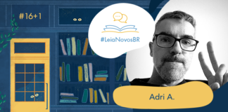 Imagem de fundo contendo uma ilustração da fachada da azul Livraria LeiaNovosBr. A fachada é composta por uma porta amarela com uma vidraça onde dois olhos de uma criatura mágica que está espiando, ao lado da vitrine da livraria que mostra vários livros coloridos desorganizados, também com alguns olhos claros espiando entre eles. No canto superior esquerdo há a numeração do episódio #16+1, no centro da imagem há a logo do podcast em um fundo branco. A logo é formado pelo texto #LeiaNovosBr em azul, abaixo de ícones que simbolizam um livro azul com páginas amarelas aberto, de onde saem dois balões de fala amarelos. Ao lado da logo, no canto esquerdo há a imagem do autor entrevistado Adri A. em preto e branco, seguido do seu nome exposto. No canto inferior direito está a logo branca do site Leitor Cabuloso, composta pelo pela imagem de um punho erguido saindo de um livro aberto, seguido do nome Leitor Cabuloso.