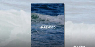 Capa do livro. Imagem do mar, com uma onda que cruza a capa do livro e forma espuma branca na água. Em primeiro plano o texto em branco: "Um romance de Eduarto Leite", logo abaixo o título "Maremoto".