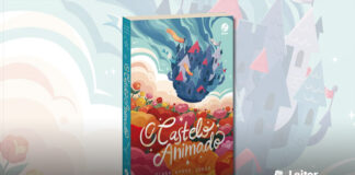 Capa do livro. Uma ilustração bem colorida mostra um castelo cinza-azulado voando em um céu esverdedao com nuvens ao fundo. O castelo sobrevoa um local cheio de flores rosas, vermelhas e laranjas.