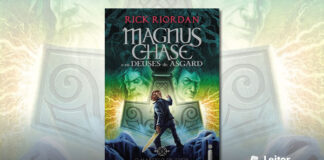 Capa do livro. Ilustração com o protagonista, um rapaz visto pelas costas, usando uma jaqueta e calças azuis. Ele segura uma espada brilhante e amarela. E está em uma superficie de gelo, azulada. No fundo, no topo, raizes. Logo abaixo, em tom esverdeado, o rosto de dois homens, um de cada lado, entre ambos o martelo de Thor virado para baixo, soltando faíscas. Em primeiro plano o nome do autor, e abaixo "Magnus Chase e os Deuses de Asgard", na base o título "O Martelo de Thor".