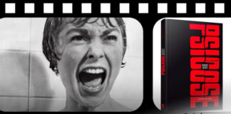 Montagem com uma pelicula de filme na horizontal, mostrando dois frames, o da esquerda mostra uma cena clássica do filme "Psicose" de Alfred Hitchcock, em preto e branco uma moça de pele branca e cabelo curto grita em desespero no chuveiro. No frame da direita está a capa do livro homonimo, um fundo fundo preto com o título na vertical, em letras grandes e vermelhas.