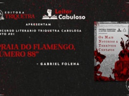 Editora Triquetra e Leitor Cabuloso “Apresentam concurso literário Triquetra Cabulosa ‘Os Mais Notórios e Terríveis Centavos conto #01’. “Praia do flamengo, número 88”. Ao lado do título, a capa do livro: Capa com fundo de recorte de jornal. Sobre o fundo, um retângulo que lembra uma edição antiga de Penny Dreadful. Nele, está escrito em preto, em fonte de jornal: Contos da Triquetra Cabulosa, Os Mais Notórios e Terríveis Centavos” (título grande em cor vermelha no meio da capa). Em primeiro plano, sobre o fundo e o retângulo, colagens de ilustrações das Penny Dreadful originais em vermelho e preto. Fundo cinza escuro com efeito papel e respingos de tinta vermelha no canto superior direito.