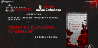 Editora Triquetra e Leitor Cabuloso “Apresentam concurso literário Triquetra Cabulosa ‘Os Mais Notórios e Terríveis Centavos conto #01’. “Praia do flamengo, número 88”. Ao lado do título, a capa do livro: Capa com fundo de recorte de jornal. Sobre o fundo, um retângulo que lembra uma edição antiga de Penny Dreadful. Nele, está escrito em preto, em fonte de jornal: Contos da Triquetra Cabulosa, Os Mais Notórios e Terríveis Centavos” (título grande em cor vermelha no meio da capa). Em primeiro plano, sobre o fundo e o retângulo, colagens de ilustrações das Penny Dreadful originais em vermelho e preto. Fundo cinza escuro com efeito papel e respingos de tinta vermelha no canto superior direito.
