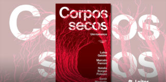 Capa do livro toda em tom vermelho, ilustração de árvores secas à direita e à esquerda formam um caminho com um aspecto assustador. No topo, atrás dos galhos, o título do livro em branco. À direita o texto "Um romance", em seguida o logo da editora, e abaixo, quatro nomes: Luisa Geisler, Marcelo Ferroni, Natalia Broges Polesso, Samir Machado de Machado.