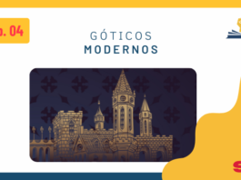 No lado superior esquerdo, tem o desenho de uma pessoa de perfil utilizando um fone e, ao lado, está escrito Ep. 04. No lado superior direito, tem a logo do Leitor Cabuloso, que é uma mão com o punho fechado saindo de um livro aberto. No centro da imagem, há o título do episódio (Góticos Modernos) e, mais abaixo, tem uma imagem que é o recorte da parte de cima de um castelo com quatro torres de vários tamanhos, o é fundo escuro e há o símbolo de uma cruz medieval repetido diversas vezes ao redor do castelo. No lado inferior direito tem a logo da Super Liga de Resenhistas que são as iniciais SLR, mas, o L está mais acima, pois, no lugar dele, tem a ponta de uma caneta tinteiro.