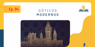 No lado superior esquerdo, tem o desenho de uma pessoa de perfil utilizando um fone e, ao lado, está escrito Ep. 04. No lado superior direito, tem a logo do Leitor Cabuloso, que é uma mão com o punho fechado saindo de um livro aberto. No centro da imagem, há o título do episódio (Góticos Modernos) e, mais abaixo, tem uma imagem que é o recorte da parte de cima de um castelo com quatro torres de vários tamanhos, o é fundo escuro e há o símbolo de uma cruz medieval repetido diversas vezes ao redor do castelo. No lado inferior direito tem a logo da Super Liga de Resenhistas que são as iniciais SLR, mas, o L está mais acima, pois, no lugar dele, tem a ponta de uma caneta tinteiro.