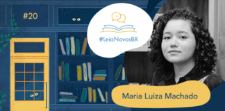 Imagem de fundo contendo uma ilustração da fachada da azul Livraria LeiaNovosBr. A fachada é composta por uma porta amarela com uma vidraça onde dois olhos de uma criatura mágica que está espiando, ao lado da vitrine da livraria que mostra vários livros coloridos desorganizados, também com alguns olhos claros espiando entre eles. No canto superior esquerdo há a numeração do episódio #20, no centro da imagem há a logo do podcast em um fundo branco. A logo é formado pelo texto #LeiaNovosBr em azul, abaixo de ícones que simbolizam um livro azul com páginas amarelas aberto, de onde saem dois balões de fala amarelos. Ao lado da logo, no canto esquerdo há a imagem da autora entrevistada Maria Luiza Machado em preto e branco, seguido do seu nome exposto. No canto inferior direito está a logo branca do site Leitor Cabuloso, composta pelo pela imagem de um punho erguido saindo de um livro aberto, seguido do nome Leitor Cabuloso.