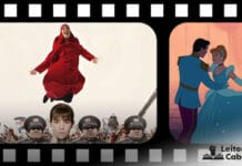 Montagem com uma pelicula de filme na horizontal, mostrando dois frames, o da esquerda mostra o postêr do filme "Jacky in the Kingdom of Women" que mostra o protagonista Jacky de vestido vermelho que cobre todo o corpo, ele salta e demonstra estar feliz e sorridente, na base da imagem, 4 soldadas uma ao lado da outra e a frente delas a imagem da Coronel, delas só é possivel notar do busto para cima. No frame da direita está uma cena da clássica animação "Cinderella", onde mostra a protagonista dançando com o principe.