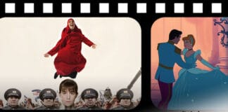 Montagem com uma pelicula de filme na horizontal, mostrando dois frames, o da esquerda mostra o postêr do filme "Jacky in the Kingdom of Women" que mostra o protagonista Jacky de vestido vermelho que cobre todo o corpo, ele salta e demonstra estar feliz e sorridente, na base da imagem, 4 soldadas uma ao lado da outra e a frente delas a imagem da Coronel, delas só é possivel notar do busto para cima. No frame da direita está uma cena da clássica animação "Cinderella", onde mostra a protagonista dançando com o principe.