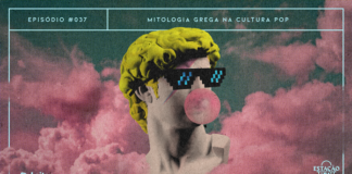 Fundo de céu crepuscular, com nuvens rosadas. Em meio às nuvens, busto de estátua grega (David, de Michelangelo) em destaque. A estátua possui óculos de pixels, raio de David Bowie no rosto e uma bolha de chiclete na boca. A composição possui pontilhados de material gráfico e textura de papel. A imagem possui margem linear azul pastel. Na parte superior, na mesma cor, há o letreiro “Episódio #037 - Mitologia Grega na cultura pop”, e, na inferior, os logos do podcast “Estação 21” e do site “Leitor Cabuloso”.