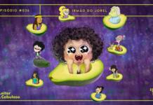 Fundo roxo escuro, com pequenos focos de luz lilases e azuis. Em destaque, ilustração de Irmão do Jorel (menino com cabelos pretos encaracolados e expressão de deslumbre), saindo de um abacate cortado ao meio. Ao redor, outros personagens da série aparecem em menor escala, também voando em abacates. A imagem possui margem linear verde. Na parte superior, na mesma cor, há o letreiro “Episódio #036 - Irmão do Jorel”, e, na inferior, os logos do podcast “Estação 21” e do site “Leitor Cabuloso”