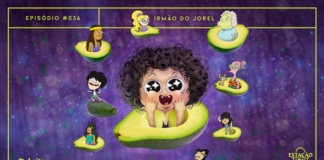 Fundo roxo escuro, com pequenos focos de luz lilases e azuis. Em destaque, ilustração de Irmão do Jorel (menino com cabelos pretos encaracolados e expressão de deslumbre), saindo de um abacate cortado ao meio. Ao redor, outros personagens da série aparecem em menor escala, também voando em abacates. A imagem possui margem linear verde. Na parte superior, na mesma cor, há o letreiro “Episódio #036 - Irmão do Jorel”, e, na inferior, os logos do podcast “Estação 21” e do site “Leitor Cabuloso”