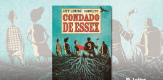 Capa da HQ. Um fundo azul esverdeado. Cinco pessoas de frente para o horizonte sobre um gramado. Um de camisa quadriculada, outro de camiseta e bermuda, o terceiro com uma capa vermelha nas costas, o quarto usando um uniforme de hóquei com o número 9 nas costas e segurando um taco, e o último em uma cadeira de rodas. A metade inferior da capa mostra a parte interna da terra onde eles estão sobre, mostrando uma raiz que se espalha por toda essa metade, do mesmo azul esverdeado do fundo. No topo um passaro preto voa, e um retangulo bege com o nome do autor e o título da obra em vermelho, letras grossas e grandes.