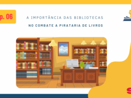 No lado superior esquerdo, tem o desenho de uma pessoa de perfil utilizando um fone e, ao lado, está escrito Ep. 06. No lado superior direito, tem a logo do Leitor Cabuloso, que é uma mão com o punho fechado saindo de um livro aberto. No centro da imagem, há o título do episódio (A importância das bibliotecas no combate à pirataria de livros) e, mais abaixo, tem uma ilustração de uma biblioteca, mostrando em primeiro plano uma mesa de madeira com um computador, um vaso de plantas e um porta lápis e ao fundo tem várias estantes também de madeira cheias de livros, no teto há alguns lustres. No lado inferior direito tem a logo da Super Liga de Resenhistas que são as iniciais SLR, mas, o L está mais acima, pois, no lugar dele, tem a ponta de uma caneta tinteiro.