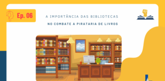 No lado superior esquerdo, tem o desenho de uma pessoa de perfil utilizando um fone e, ao lado, está escrito Ep. 06. No lado superior direito, tem a logo do Leitor Cabuloso, que é uma mão com o punho fechado saindo de um livro aberto. No centro da imagem, há o título do episódio (A importância das bibliotecas no combate à pirataria de livros) e, mais abaixo, tem uma ilustração de uma biblioteca, mostrando em primeiro plano uma mesa de madeira com um computador, um vaso de plantas e um porta lápis e ao fundo tem várias estantes também de madeira cheias de livros, no teto há alguns lustres. No lado inferior direito tem a logo da Super Liga de Resenhistas que são as iniciais SLR, mas, o L está mais acima, pois, no lugar dele, tem a ponta de uma caneta tinteiro.