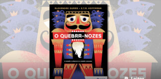 Capa do livro. Um fundo preto, em primeiro plano ocupando toda a capa, a ilustração de um boneco soldado quebra-nozes. A ilustração é bem colorida, em roxo, vermelho e bege, composta por circulos, retangulos e triangulos. Saindo por de trás da cabeça do soldado, três ratos roxos de cada lado, com cara de bravos, olhos vermelhos e usando coroas. Quase ao centro, passando pela boca do soldado, o título do livro. No topo, o nome do autor.