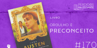 Imagem de fundo roxo com textura de corte. À esquerda no canto inferior tem a logo do Leitor Cabuloso formado por um livro aberto e um punho levantado. À sua esquerda, a imagem da capa do livro "Orgulho e Preconceito". A imagem é um frame da apatação para o cinema de 2005, onde está no primeiro plano tem a Elizabeth Bennet, interpretada pela atriz Keira Knightley. Ela está bem próxima e é possível ver apenas sua cabeça, olhando levemente de perfil. Mais atrás, vem o Mr Darcy, interpretado pelo ator Matthew Macfadyen, ventindo uma camisa azul e uma casaca preta. Esse freme está dentro de uma moldura inteiramente dourada, num estilo em antigo e cheio de rococó. Na parte de baixo, está o nome da autora, Jane Austen, escrito bem grande e logo abaixo, numa letra menor, o título do livro. Abaixo da imagem da capa do livro, tem um texto escrito em branco se lê "livro Orgulho e Preconceito - PnE #170". Em cima, à direita, tem a logo do podcast formado por livros em pé e que vão caindo com o título "Perdidos na Estante" em cima e o símbolo de play na letra "o".