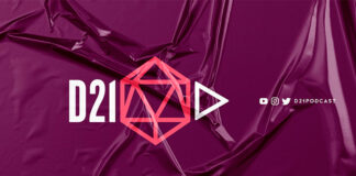 Logotipo do D21 em branco e rosa, centralizado em fundo bordô, com textura de plástico amassado. Na parte lateral, há os ícones das redes sociais Youtube, Instagram e Twitter junto ao texto “d21podcast”, em branco.