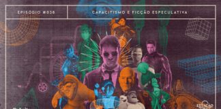 Fundo bordô escuro com textura de papel e fotocópia. Em destaque, imagens dos personagens Demolidor (Marvel), Quasímodo (O Corcunda de Notre Dame), Capitão gancho (Peter Pan), Soluço (Como Treinar o Seu Dragão), Professor Xavier (X-Men), Soldado Invernal (Marvel), Ciborgue (DC), Toph (Avatar – A Lenda de Aang), General Amaya (O Príncipe Dragão), Massimo Marcovaldo (Lucca) e Geordi LaForge (Star Trek), com filtros de cores variando entre bordô, laranja, azul, verde e bege. No fundo da composição, há ilustrações antigas que remetem à anatomia do olho, croquis de cadeira de rodas e próteses e formas geométricas diversas. A imagem possui margem linear bege. Na parte superior, na mesma cor, há o letreiro “Episódio #038 - Capacitismo e Ficção Especulativa”, e, na inferior, os logos do podcast “Estação 21” e do site “Leitor Cabuloso”.