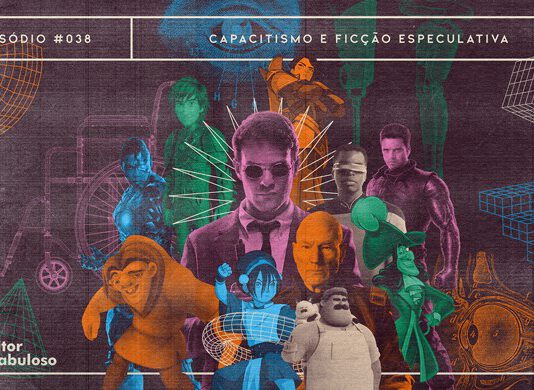 Fundo bordô escuro com textura de papel e fotocópia. Em destaque, imagens dos personagens Demolidor (Marvel), Quasímodo (O Corcunda de Notre Dame), Capitão gancho (Peter Pan), Soluço (Como Treinar o Seu Dragão), Professor Xavier (X-Men), Soldado Invernal (Marvel), Ciborgue (DC), Toph (Avatar – A Lenda de Aang), General Amaya (O Príncipe Dragão), Massimo Marcovaldo (Lucca) e Geordi LaForge (Star Trek), com filtros de cores variando entre bordô, laranja, azul, verde e bege. No fundo da composição, há ilustrações antigas que remetem à anatomia do olho, croquis de cadeira de rodas e próteses e formas geométricas diversas. A imagem possui margem linear bege. Na parte superior, na mesma cor, há o letreiro “Episódio #038 - Capacitismo e Ficção Especulativa”, e, na inferior, os logos do podcast “Estação 21” e do site “Leitor Cabuloso”.